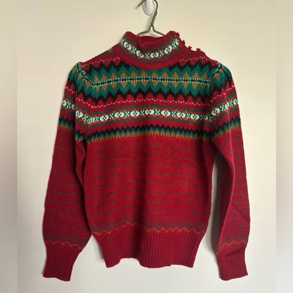 Vintage Andrew St. John Sweater Red Green Mock Neck Long Sleeve 80's